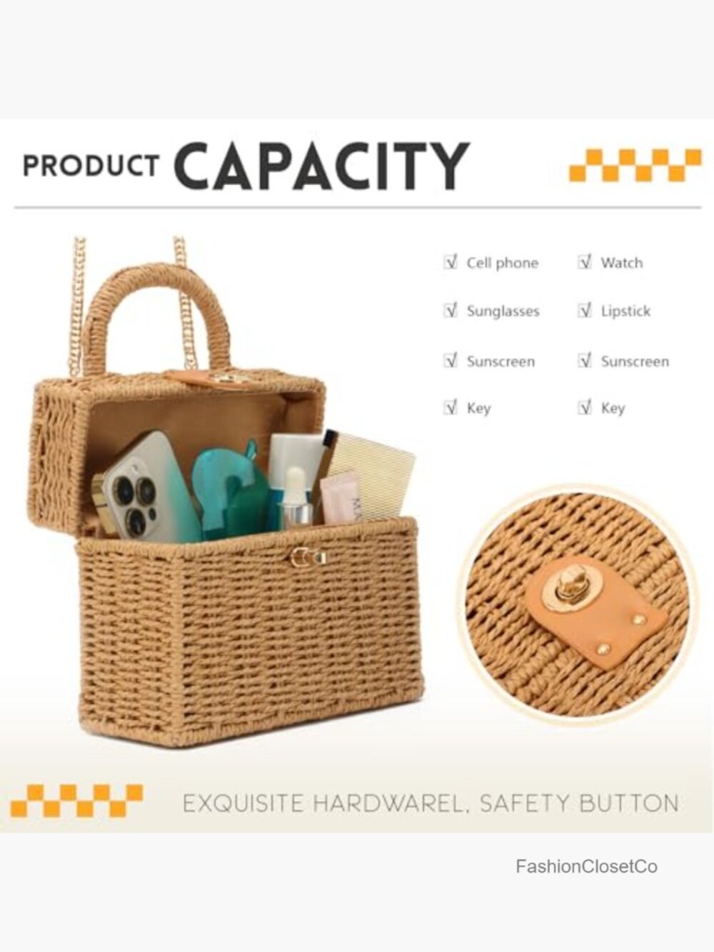 Woven Wicker Rattan Purse Straw Tote Bag Summer Beach Vacation Box Bucket Bag - Picture 5 of 7